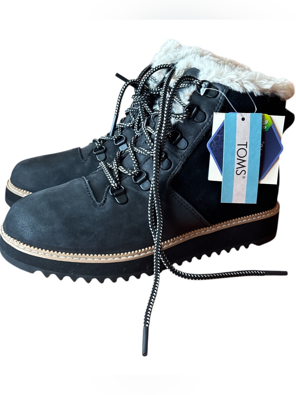 TOMS Women’s Mojave Black Waterproof Leather Lace Up Winter Boots 7.5 Faux Fur